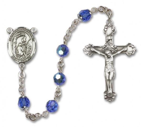 Paul the Hermit Sterling Silver Heirloom Rosary Fancy Crucifix - Sapphire