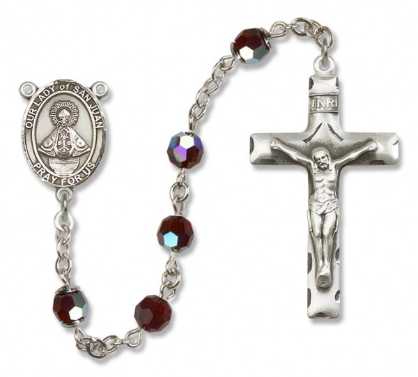 Our Lady of San Juan Sterling Silver Heirloom Rosary Squared Crucifix - Garnet