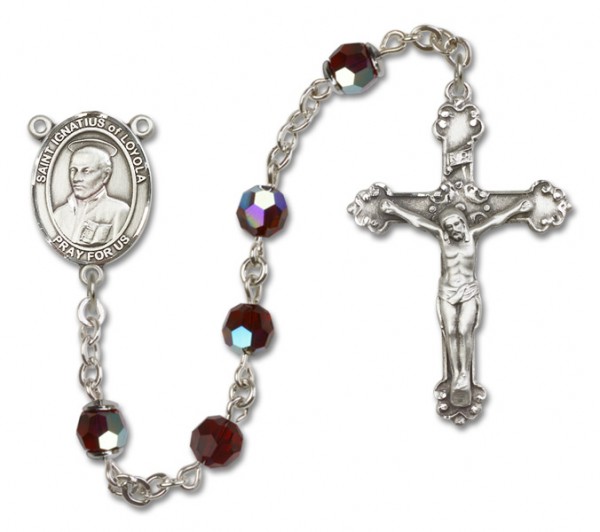 St. Ignatius of Loyola Sterling Silver Heirloom Rosary Fancy Crucifix - Garnet