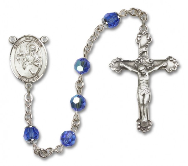 St. Matthew the Apostle Sterling Silver Heirloom Rosary Fancy Crucifix - Sapphire
