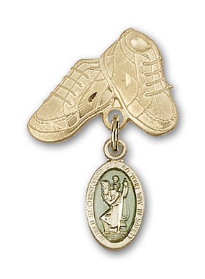 Pin Badge with St. Christopher Charm and Baby Boots Pin - 14KT Gold Filled | Blue Enamel