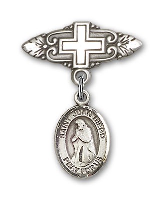 Pin Badge with St. Juan Diego Charm and Badge Pin with Cross - Silver tone