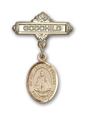 Baby Badge with Infant of Prague Charm and Godchild Badge Pin - 14K Solid Gold