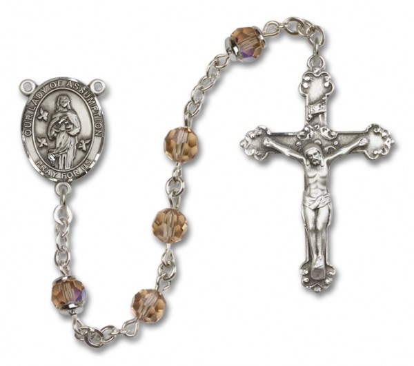 Our Lady of Assumption Sterling Silver Heirloom Rosary Fancy Crucifix - Topaz