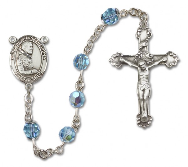 St. Pio of Pietrelcina Sterling Silver Heirloom Rosary Fancy Crucifix - Aqua