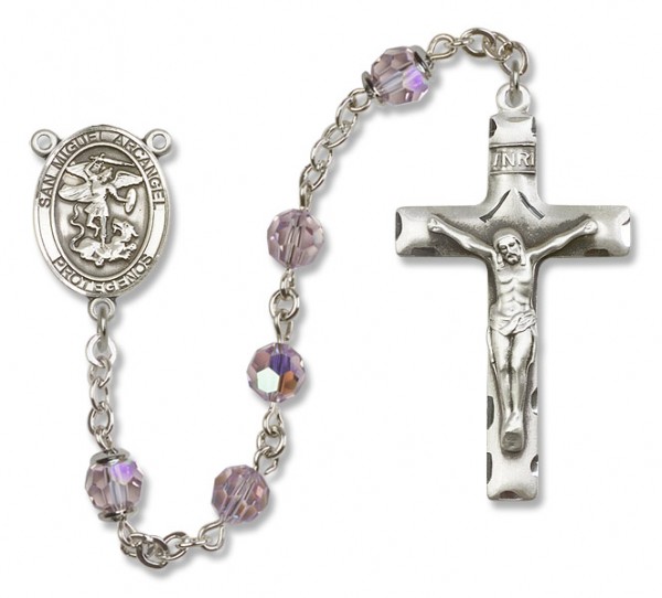 San Miguel the Archangel Sterling Silver Heirloom Rosary Squared Crucifix - Light Amethyst