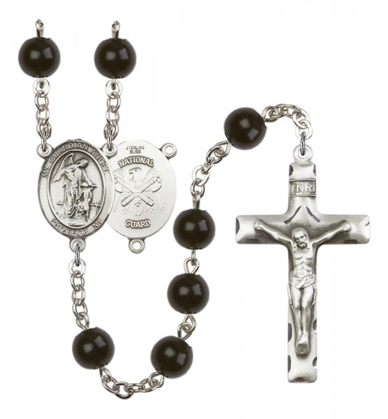 Men's Guardian Angel National Guard Silver Plated Rosary - Black