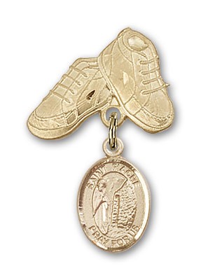 Pin Badge with St. Fiacre Charm and Baby Boots Pin - 14K Solid Gold