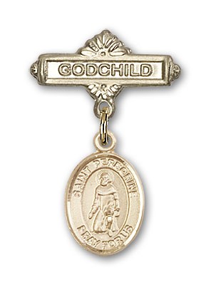 Pin Badge with St. Peregrine Laziosi Charm and Godchild Badge Pin - Gold Tone