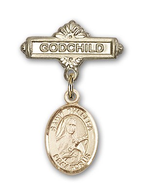 Pin Badge with St. Theresa Charm and Godchild Badge Pin - 14K Solid Gold