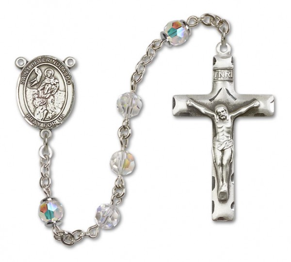 St. Peter Nolasco Rosary Our Lady of Mercy Sterling Silver Heirloom Rosary Squared Crucifix - Crystal