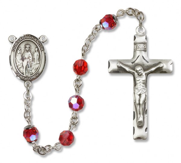 Our Lady of Knock Sterling Silver Heirloom Rosary Squared Crucifix - Ruby Red