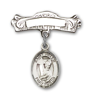 Pin Badge with St. Helen Charm and Arched Polished Engravable Badge Pin - Silver tone