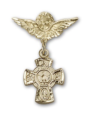 Pin Badge with Red 5-Way Charm and Angel with Smaller Wings Badge Pin - 14K Solid Gold