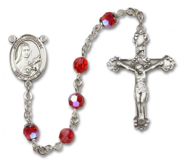 St. Therese of Lisieux Sterling Silver Heirloom Rosary Fancy Crucifix - Ruby Red