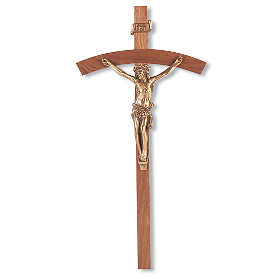 Arched Walnut Wood Wall Crucifix - 9 inch - Brown