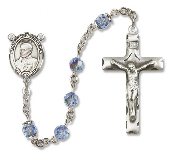 St. Ignatius of Loyola Sterling Silver Heirloom Rosary Squared Crucifix - Light Sapphire