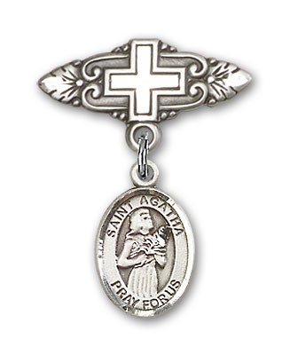 Pin Badge with St. Agatha Charm and Badge Pin with Cross - Silver tone