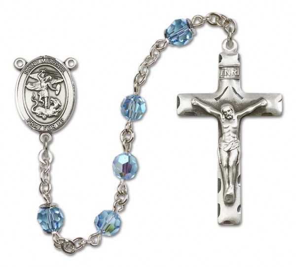 St. Michael the Archangel Sterling Silver Heirloom Rosary Squared Crucifix - Aqua