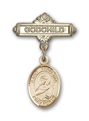 Pin Badge with St. Perpetua Charm and Godchild Badge Pin - Gold Tone