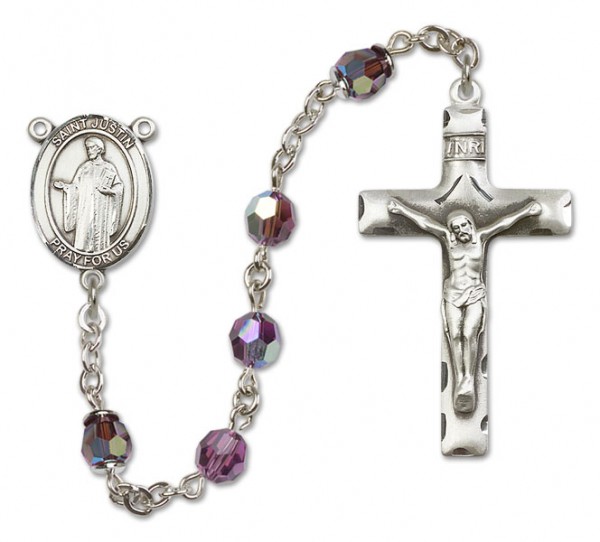 St. Justin Sterling Silver Heirloom Rosary Squared Crucifix - Amethyst