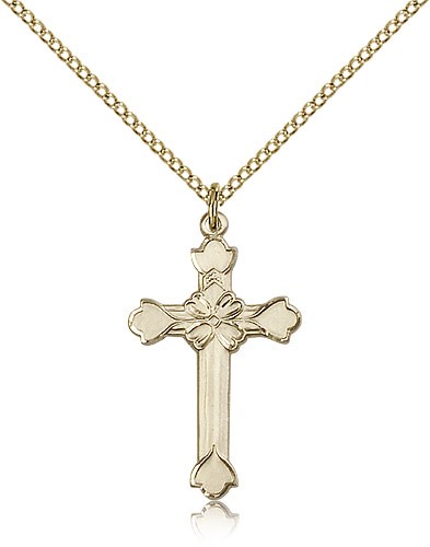 Floral Center Women's Cross Necklace - 14KT Gold Filled