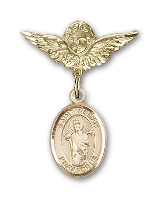 Pin Badge with St. Aedan of Ferns Charm and Angel with Smaller Wings Badge Pin - 14K Solid Gold