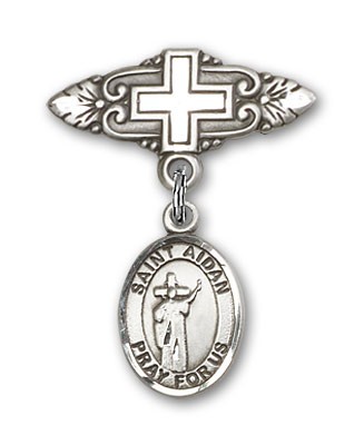 Pin Badge with St. Aidan of Lindesfarne Charm and Badge Pin with Cross - Silver tone