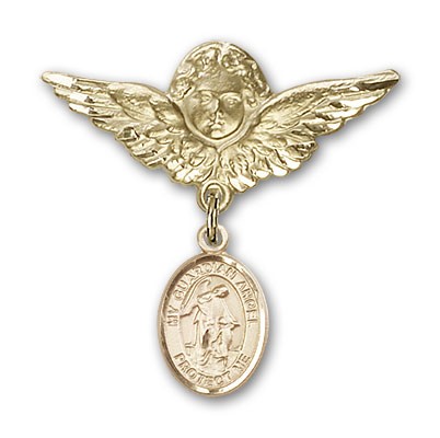 Pin Badge with Guardian Angel Charm and Angel with Larger Wings Badge Pin - 14K Solid Gold