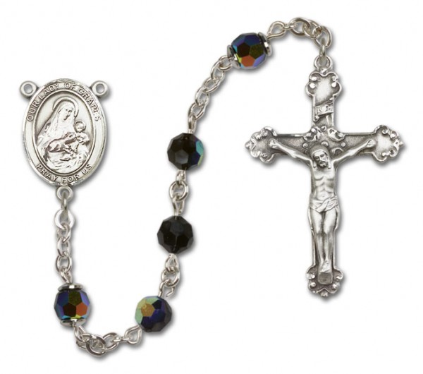 Our Lady of Grapes Sterling Silver Heirloom Rosary Fancy Crucifix - Black