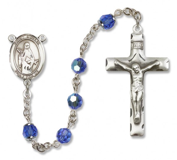 St. Amelia Sterling Silver Heirloom Rosary Squared Crucifix - Sapphire