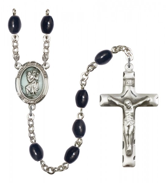 Men's St. Christopher Silver Plated Rosary - Black Oval