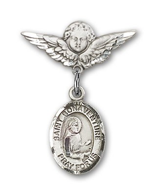 Pin Badge with St. Bonaventure Charm and Angel with Smaller Wings Badge Pin - Silver tone