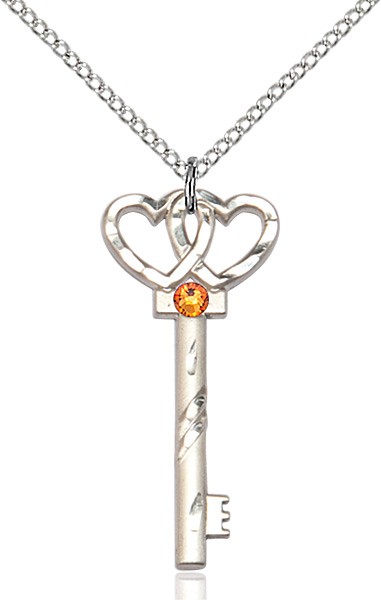 Small Key with Double Heart Pendant and Birthstone - Topaz