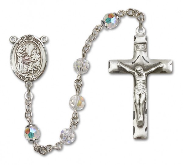 St. Zita Sterling Silver Heirloom Rosary Squared Crucifix - Crystal