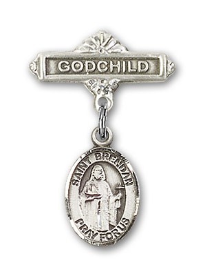 Pin Badge with St. Brendan the Navigator Charm and Godchild Badge Pin - Silver tone