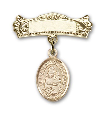 Pin Badge with Our Lady of Prompt Succor Charm and Arched Polished Engravable Badge Pin - 14K Solid Gold