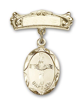 Baby Pin with Baptism Charm and Arched Polished Engravable Badge Pin - 14K Solid Gold