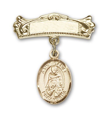 Pin Badge with St. Daniel Charm and Arched Polished Engravable Badge Pin - 14K Solid Gold
