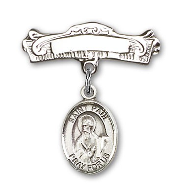 Pin Badge with St. Paul the Apostle Charm and Arched Polished Engravable Badge Pin - Silver tone