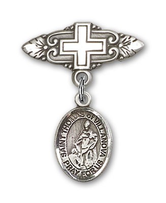 Pin Badge with St. Thomas of Villanova Charm and Badge Pin with Cross - Silver tone