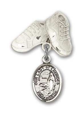 Baby Badge with Our Lady of Lourdes Charm and Baby Boots Pin - Silver tone