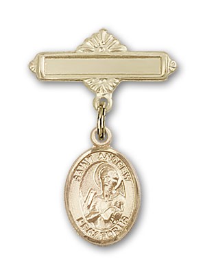 Pin Badge with St. Andrew the Apostle Charm and Polished Engravable Badge Pin - 14K Solid Gold