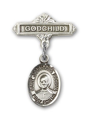 Pin Badge with St. Josemaria Escriva Charm and Godchild Badge Pin - Silver tone