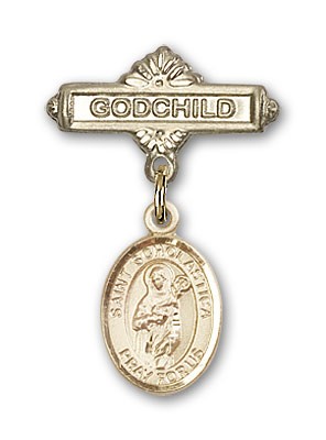 Pin Badge with St. Scholastica Charm and Godchild Badge Pin - Gold Tone