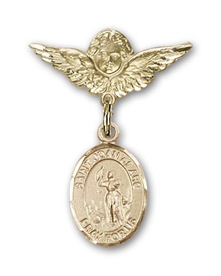 Pin Badge with St. Joan of Arc Charm and Angel with Smaller Wings Badge Pin - 14K Solid Gold
