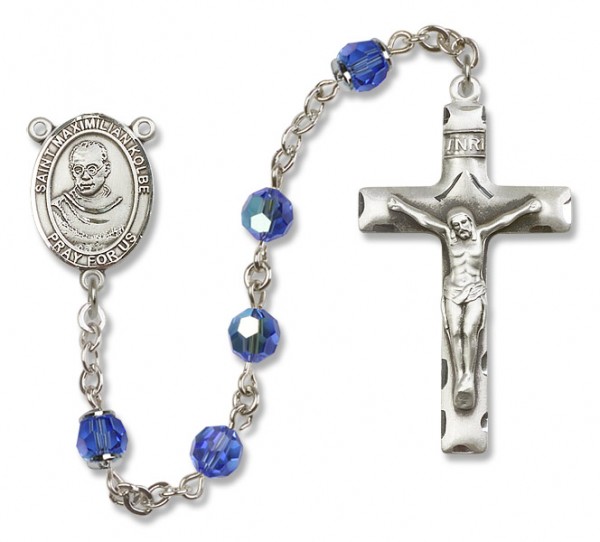 St. Maximilian Kolbe Sterling Silver Heirloom Rosary Squared Crucifix - Sapphire