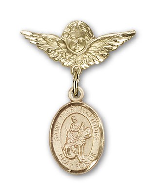 Pin Badge with St. Martin of Tours Charm and Angel with Smaller Wings Badge Pin - 14K Solid Gold