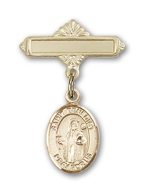Pin Badge with St. Benedict Charm and Polished Engravable Badge Pin - Gold Tone