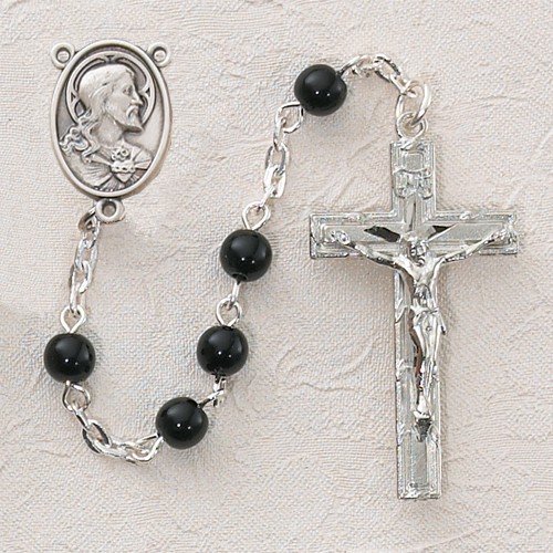 Black Glass First Communion Sacred Heart Rosary - Rhodium - Black